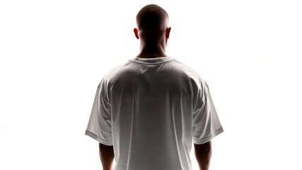 Rear view of a man wearing a plain white t-shirt, captured in studio photography style, isolated on a bright white background, concept of anonymity