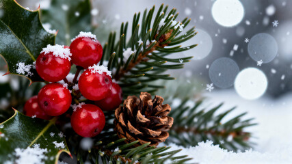 Christmas winter background holly pine cone falling snow
