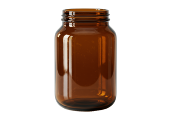thick dark amber glass preserving jar, empty, hyperrealistic optical effects and strong rim lighting, isolated on a seamless bright white background. concept for product packaging mockup