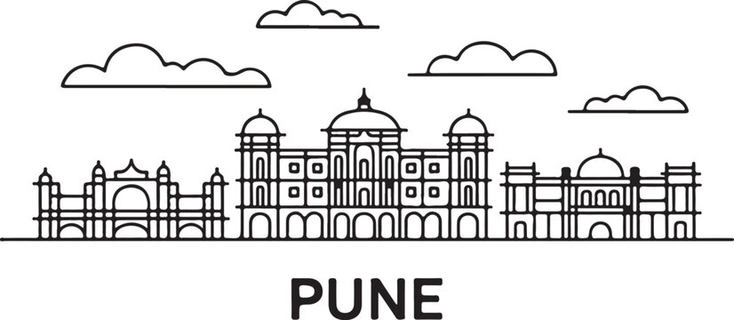 Continuous Line Art Pune Skyline with Minimal Buildings Outline in Simple Contour Style
