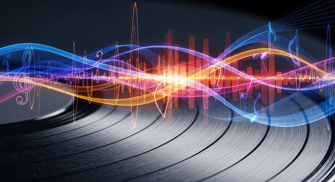 Vinyl record with colorful sound waves and musical notes creating abstract art