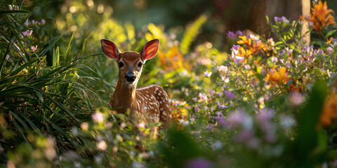 Cute little fawn on a meadow full of flowers