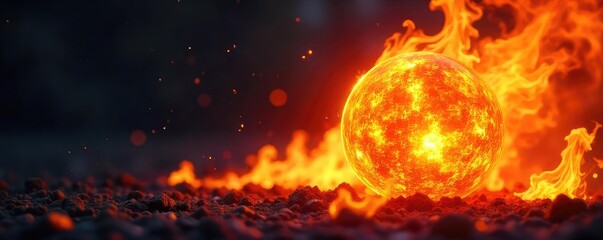 A blazing fireball engulfed in vibrant flames, intensely hot and dangerously flammable Perfect for illustrating concepts of fire, heat, energy, and combustion , scorching, combustion