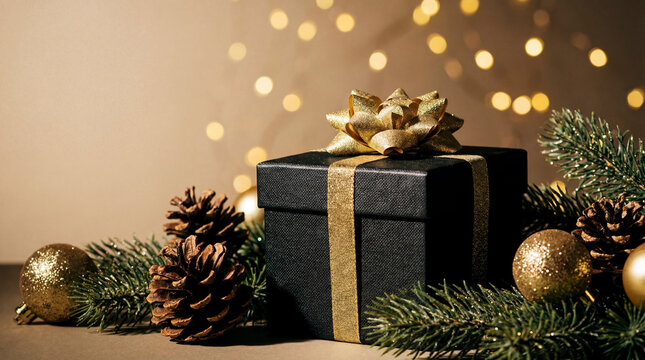 Black Gift Box Gold Bow Christmas - Powered by Adobe
