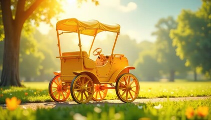 A bright yellow carriage basks in the golden sunlight, wheels gleaming, ready for a joyful ride Perfect for illustrating summer, childhood, happiness, and carefree days , childhood, meadow
