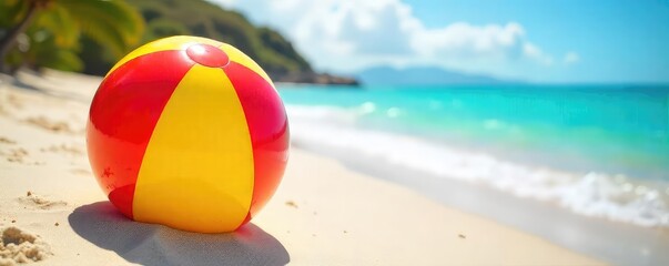 A brightly colored beach ball bounces on a sun-drenched sandy beach during a vibrant summer day, capturing the essence of carefree fun and summer vacation , hot, relaxation, horizon