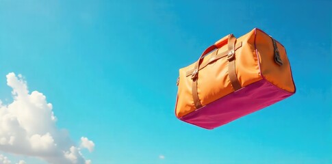 Whimsical Duffel Bag Soaring Through a Blue Sky A Surreal Travel Adventure Image