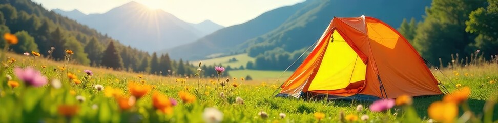 A brightly colored tent pitched in a sun-drenched meadow, wildflowers blooming nearby, conveying a sense of carefree joy and outdoor adventure , field, escape, playful