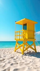 A brightly colored lifeguard tower stands tall on a sandy beach, overlooking a calm ocean under a clear blue sky Perfect for summer, vacation, safety, and coastal imagery , daytime, color