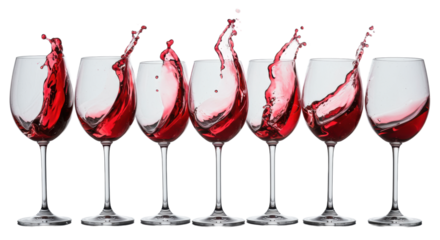 seven brilliant crystal bordeaux glasses with deep ruby-red cabernet sauvignon, frozen in dynamic high-speed motion against a stark white studio background, luxury wine advertising concept