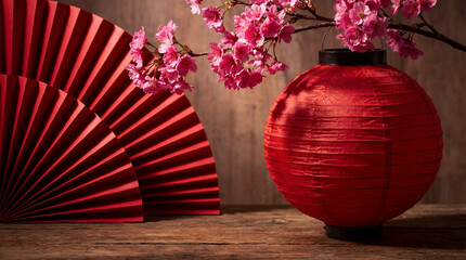 Chinese New Year decoration red lantern fan cherry blossoms