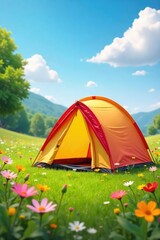 A cheerful, brightly colored tent pitched in a sunny meadow, wildflowers blooming nearby, conveying a sense of carefree joy and outdoor adventure , bright, whimsical, bliss