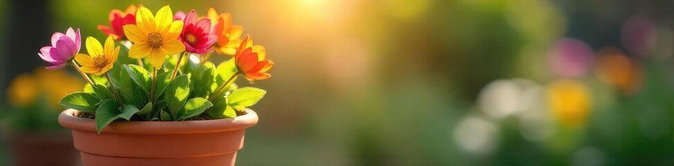 A cheerful spring scene featuring colorful flowers blossoming in a terracotta flowerpot, bathed in sunlight  Perfect for gardening, home decor, and springtime themes ,  outdoor,  growth,  vibrant