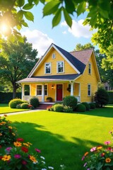A cheerful yellow house basks in the afternoon sun, surrounded by a lush green lawn and vibrant flowers  Perfect for real estate, home improvement, and summer themes ,  garden,  cozy