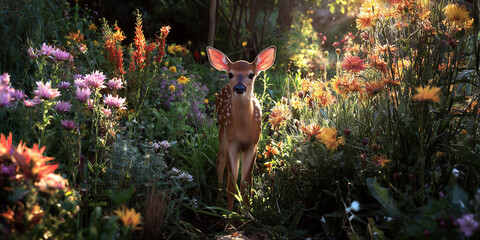 Cute little fawn on a meadow full of flowers