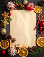 Diseño plantilla con espacio libre para menú de comida y cena de navidad o fiesta de fin de año con marco de decoracion navideña, y frutos secos
