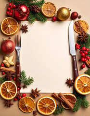 Diseño plantilla con espacio libre para menú de comida y cena de navidad o fiesta de fin de año con marco de decoracion navideña, cubiertos y frutos secos