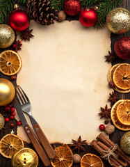 Diseño plantilla con espacio libre para menú de comida y cena de navidad o fiesta de fin de año con marco de decoracion navideña, cubiertos y frutos secos