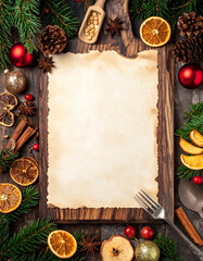 Diseño plantilla con espacio libre para menú de comida y cena de navidad o fiesta de fin de año con marco de decoracion navideña, cubiertos y frutos secos