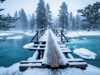 Snow covered wooden bridge over a turquoise river in a winter forest