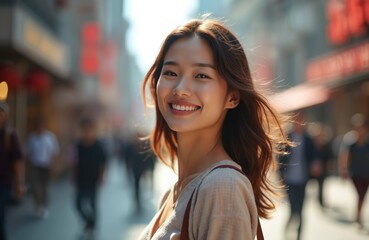 Asian woman smiles walking on busy city street with shops. Sunlight highlights her hair, creating a cheerful, confident mood. People are blurred in background.