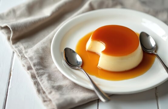 Creamy milk pudding with caramel glaze on white plate with spoons. Traditional Brazilian dessert pudim de leite with a bite taken out served on a grey cloth.