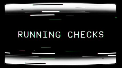 Running checks text on a distorted screen with a glitch effect. Old retro computer monitor display showing a system diagnostic message with digital noise and interference - Powered by Adobe
