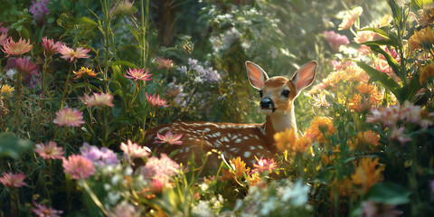 Cute little fawn on a meadow full of flowers