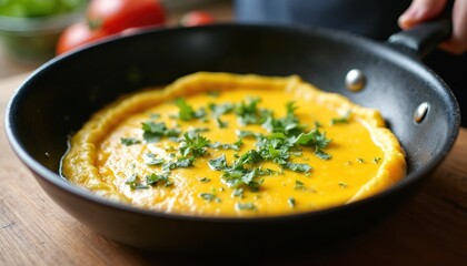 Freshly cooked French omelette with herbs in a pan. Chef prepares egg dish in kitchen. Simple tasty breakfast with golden fluffy texture. Perfect for food blogs.