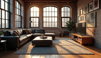 Modern loft living room with leather sectional sofa and large ottoman. Floor to ceiling windows offer city views. Brick walls showcase abstract art. Entertainment unit holds flat screen TV.