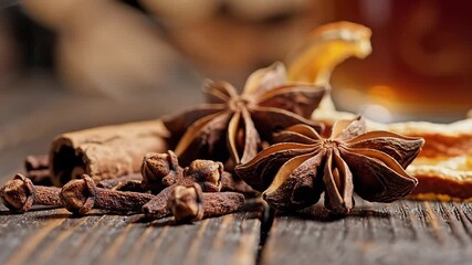 Aromatic collection of star anise cloves and cinnamon sticks artfully arranged on a rustic wooden surface evoking warmth and the essence of traditional holiday spices for culinary and decorative purp.