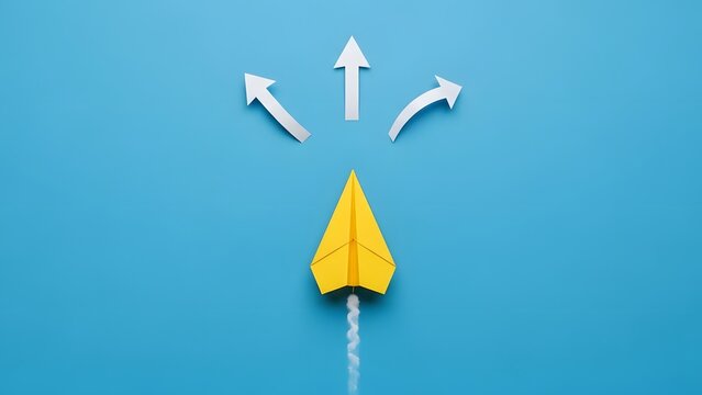 Paper airplane choosing direction with multiple arrows, concept of decision making and strategy