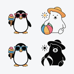 Kawaii Penguin and Polar Bear Cartoon Vector Set Relaxing on Beach Chairs with Summer Drinks