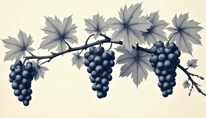 Obraz premium Vintage illustration of dark grapevine branch with ripe fruit clusters and textured leaves. Stylized botanical art in monochrome, suitable for classic or rustic designs.