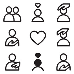 Black line icons of people with hearts and education symbols