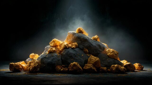 Pile of glowing gold nuggets and dark rocks on a cave floor, realistic style, with dramatic lighting and smoky background, concept of treasure discovery