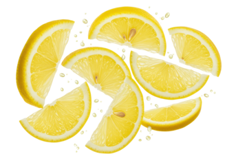 Hyper-realistic macro shot of vibrant yellow lemon segments and wedges falling mid-air, wet and glistening with juice, isolated on a transparent background. Concept for beverage advertising