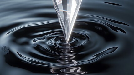 Crystal sharp diamond stylus tip precisely touching dark viscous liquid creating perfect concentric ripples in abstract motion