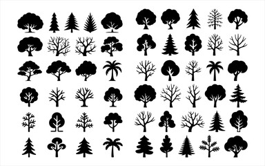Collection of diverse black silhouette tree icons representing various species and seasons