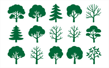 Collection of green silhouette tree icons featuring various shapes and styles