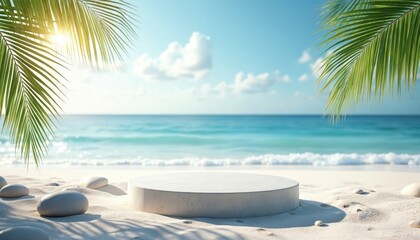 Obraz premium Round display podium sits on sandy beach with palm fronds framing scene. Ocean waves crash gently on shore under clear blue sky. This setting is perfect for summer product showcases or beauty ads.