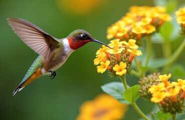 Fototapeta premium Ruby throated hummingbird hovers near yellow lantana flowers, sipping nectar with its long beak. This tiny bird exhibits iridescent feathers and rapid wing beats in garden setting during summer.