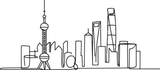 Obraz premium Continuous Line Art Shanghai Skyline from Pudong Angle in Minimal Contour Outline Style