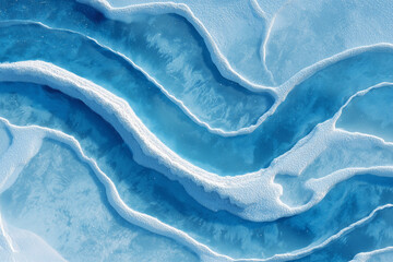 Aerial view of serene blue terraced ice formations and frozen pools - abstract winter landscape with smooth curves and snowy ridges