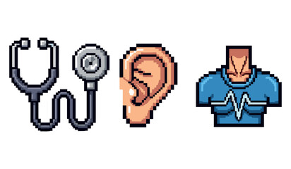 Fototapeta premium Pixel art icons of stethoscope, ear, muscle shirt