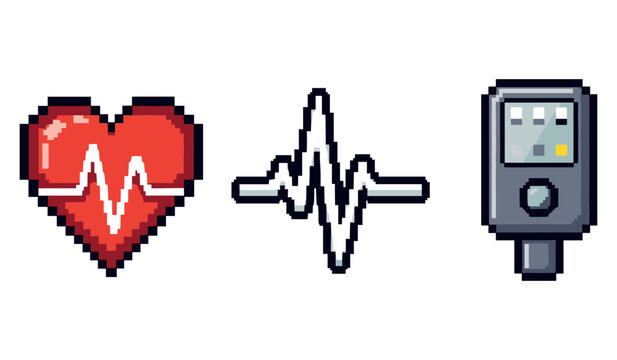 Pixel art heartbeat symbol with monitor and heartbeat line illustration
