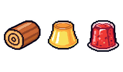 Pixel art sweets: chocolate roll, flan, and strawberry jelly desserts
