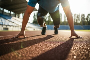Runner prepares to start race on track during afternoon at sports stadium with empty seating in the background and sunlight shining brightly