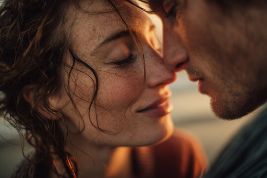 Intimate close-up portrait of a couple sharing a tender moment at sunset — romantic warmth, freckles, soft golden light and quiet affection. - Powered by Adobe