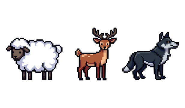 Pixel art of sheep, deer, and wolf in vibrant style